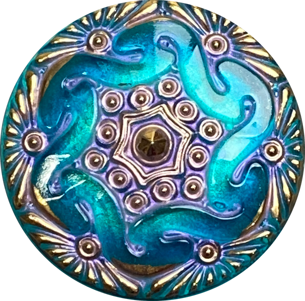 Re-Stocked, Teal Hand Painted Czech "Lacy Glass" Button 1-1/8", Susan Clarke  #SC-1519B