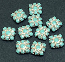 TEN Jade Green Flower Square Beads, Czech Glass 3/8" 9mm, Pack of 10 for $3.00 # L-245