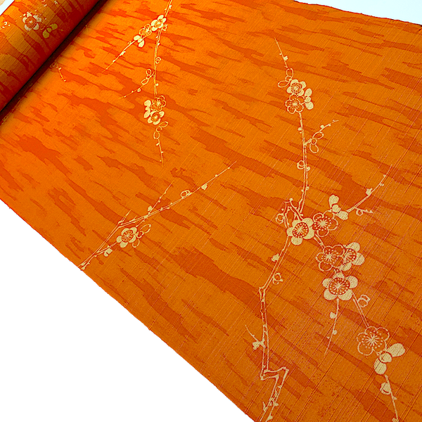 SALE, Orange/Orange Tree Bark/ Blossoms, Antique Look Kimono Silk from Japan, By the Yard  #408