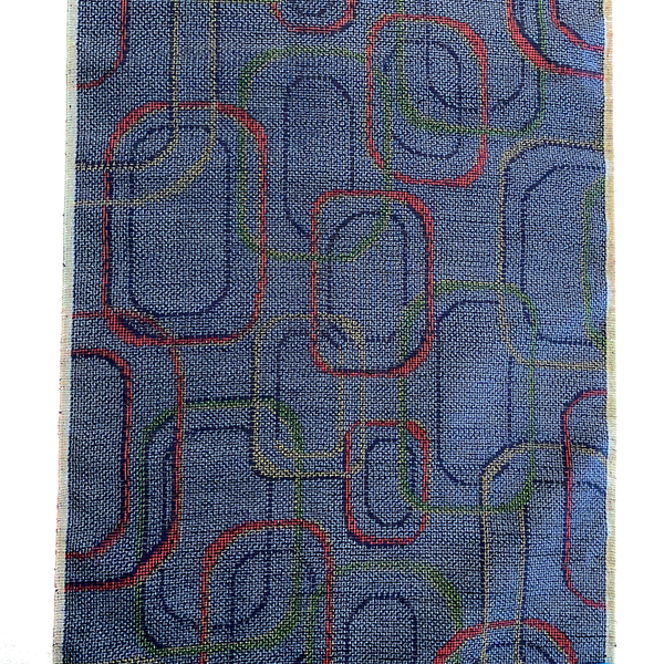 Blue Retro Dancing Red Zeroes or Octagons Vintage Handwoven Kimono Silk Ikat from Japan By the Yard #570