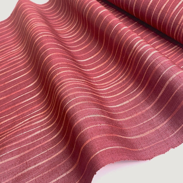 Red Fig Tipsy Stripes Kimono Silk, True Handwoven Tsumugi from Japan By the Yard #522