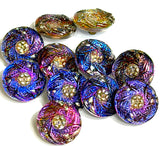 Re-Stocked Rainbow Purples/Magentas/Cobalts Six-Leaf Flower Czech Glass Button 19mm / 3/4"  # CZ-278