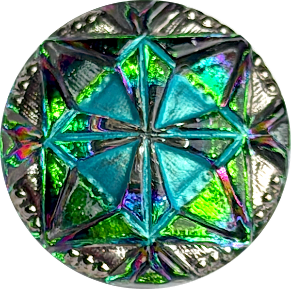 Re-Stocked, Turquoise Quilt-Block Gem Czech Glass Button 18mm / 11/16"  # CZ 212-1