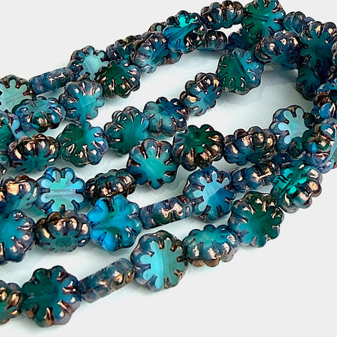 Green/Blue Daisy Beads, Czech Glass 9mm / 3/8" Strand of 25 BEADS #CZ-105