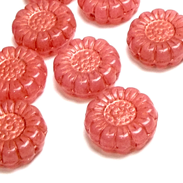 Coral Sunflower Beads, Czech Glass 13mm / 1/2" - Pack of TEN BEADS #CZ-2218