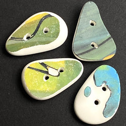 Four Pottery 1" Buttons/Toggles, One of A Kind Greens/Blues/Black/White USA # MV-24