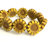 Gold/Brown Sunflower Beads, Czech Glass 13mm / 1/2" - Pack of TEN BEADS #CZ-2217