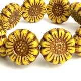 Gold/Brown Sunflower Beads, Czech Glass 13mm / 1/2" - Pack of TEN BEADS #CZ-2217