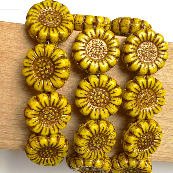 Gold/Brown Sunflower Beads, Czech Glass 13mm / 1/2" - Pack of TEN BEADS #CZ-2217
