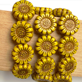 Gold/Brown Sunflower Beads, Czech Glass 13mm / 1/2" - Pack of TEN BEADS #CZ-2217