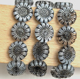 Gray/Black Sunflower Beads, Czech Glass 13mm / 1/2" - Pack of TEN BEADS #CZ-2233