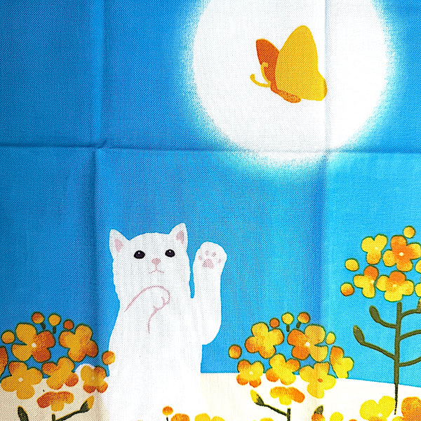 Playing With Spring, Cats in Flowers Cotton Tenugui Towel from Japan, 100% Cotton 13" x 34"