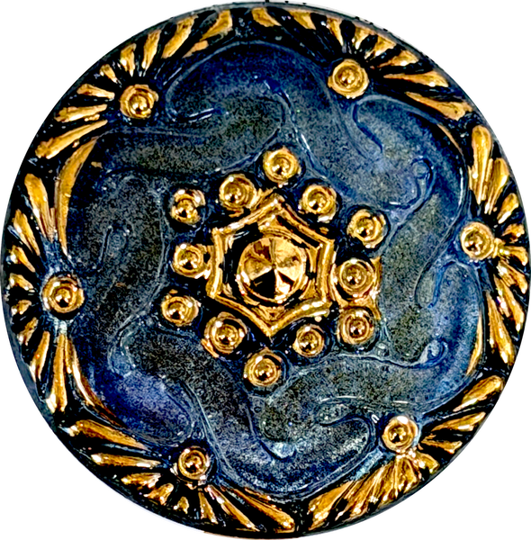 Gray- Blue with Gold, Handpainted Czech Lacy Glass Button, 1-1/16", Susan Clarke USA #SC-1519N