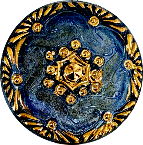Gray-Blue with Gold, Handpainted Czech Lacy Glass Button, 1-1/16", Susan Clarke USA #SC-1519N