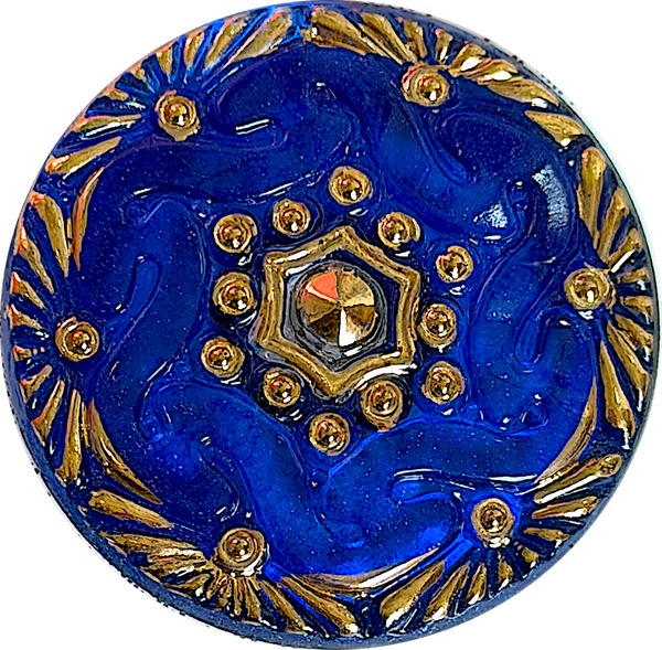 Re-Stocked, Cobalt Blue Handpainted Czech Lacy Glass Button, 1-1/8", Susan Clarke #SC-1519A