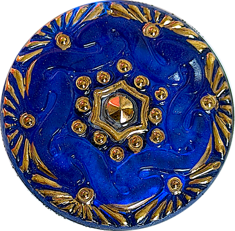 Re-Stocked, Cobalt Blue Handpainted Czech Lacy Glass Button, 1-1/8", Susan Clarke #SC-1519A