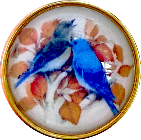 Re-Stocked Bluebirds 1-1/2" with Gold Bezel, Artisan Crystal Button, by Susan Clarke #1174-G