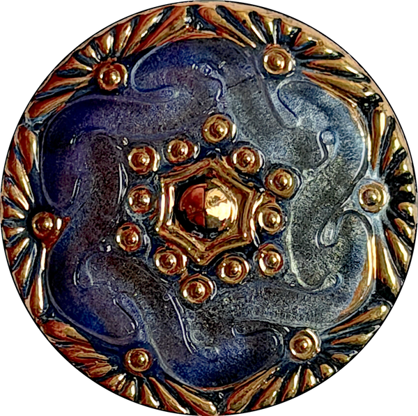 Gray-Blue with Gold, Handpainted Czech Lacy Glass Button, 1-1/16", Susan Clarke USA #SC-1519N