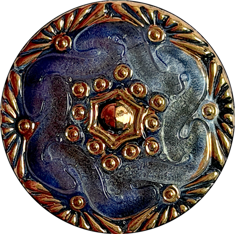 Gray-Blue with Gold, Handpainted Czech Lacy Glass Button, 1-1/16", Susan Clarke USA #SC-1519N