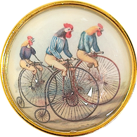 Re-Stocked, Bicycling Chickens / Roosters Crystal Dome Button 1.5" by Susan Clarke # SC-1129
