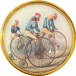 Re-Stocked, Bicycling Chickens / Roosters Crystal Dome Button 1.5" by Susan Clarke # SC-1129