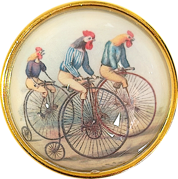 Re-Stocked, Bicycling Chickens / Roosters Crystal Dome Button 1.5" by Susan Clarke # SC-1129