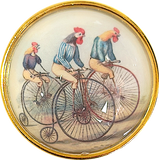 Re-Stocked, Bicycling Chickens / Roosters Crystal Dome Button 1.5" by Susan Clarke # SC-1129
