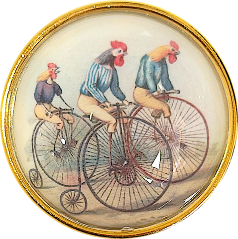 Re-Stocked, Bicycling Chickens / Roosters Crystal Dome Button 1.5" by Susan Clarke # SC-1129