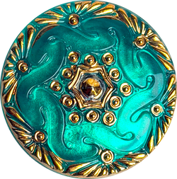 Bright Peacock Hand-Painted Czech Glass Button by Susan Clarke 1-1/8" #SC-1519-PK