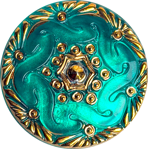 Bright Peacock Hand-Painted Czech Glass Button by Susan Clarke 1-1/8" #SC1519-PK