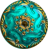Bright Peacock Hand-Painted Czech Glass Button by Susan Clarke 1-1/8" #SC1519-PK