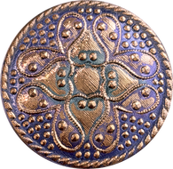 Gold/Mauve/Teal Sacred Flower Hand Painted Czech Lacy Glass 1-1/4", Susan Clarke #SC-512