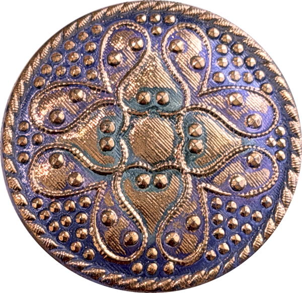 Gold/Mauve/Teal Sacred Flower Hand Painted Czech Lacy Glass 1-1/4", Susan Clarke #SC-512