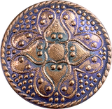 Gold/Mauve/Teal Sacred Flower Hand Painted Czech Lacy Glass 1-1/4", Susan Clarke #SC-512