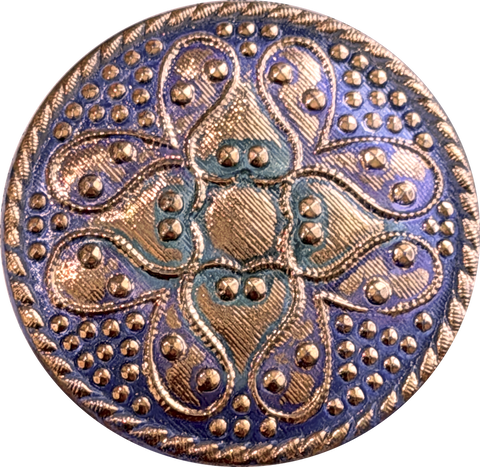 Gold/Mauve/Teal Sacred Flower Hand Painted Czech Lacy Glass 1-1/4", Susan Clarke #SC-512