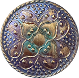 Gold/Mauve/Teal Sacred Flower Hand Painted Czech Lacy Glass 1-1/4", Susan Clarke #SC-512
