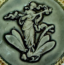 Dragonfly and Maiden Playing Lute, Art Stone Button by Susan Clarke, Moss, 1-15/16" #SC-1998