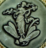Dragonfly and Maiden Playing Lute, Art Stone Button by Susan Clarke, Moss, 1-15/16" #SC-1998