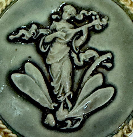 Dragonfly and Maiden Playing Lute, Art Stone Button by Susan Clarke, Moss, 1-15/16" #SC-1998