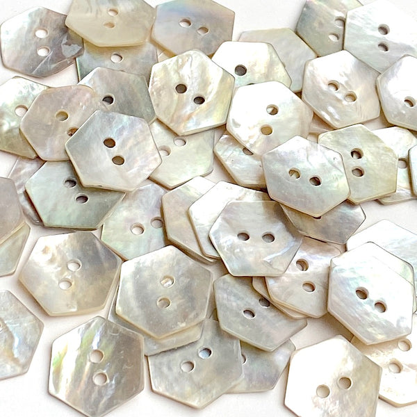 Re-Stocked, Hexagon Moonrise Mother of Pearl Buttons 1/2" / 9/16", Iridescent, Pack of 48 for $7.00  #LP-09-48