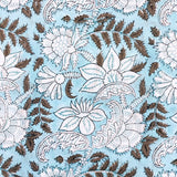 DEEPER SALE, Aqua, Brown and White Block Print Cotton Floral from India, By the Yard #5059