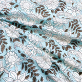 DEEPER SALE, Aqua, Brown and White Block Print Cotton Floral from India, By the Yard #5059