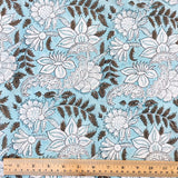 DEEPER SALE, Aqua, Brown and White Block Print Cotton Floral from India, By the Yard #5059