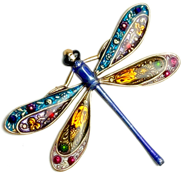 Colorful Metal Dragonfly Embellishment Hand-Painted by Susan Clarke, 2", Gold Accents, Clear Topcoat, No Button Hole,  #SC-944