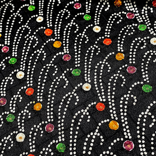 SALE Shibori Diagonal Colorful Multi Dots on Black Vintage Kimono Silk from Japan, 14" x 60"  #4559
