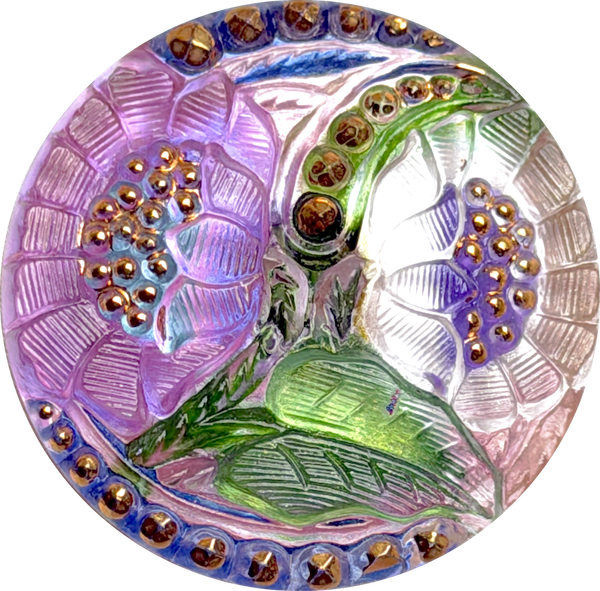 Lotus Flowers, Pinks/Purples Czech Glass Button by Susan Clarke, 1-1/16"  #SC-256-A