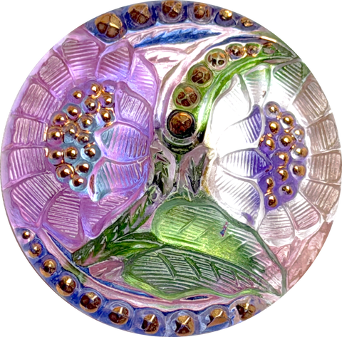 Lotus Flowers, Pinks/Purples Czech Glass Button by Susan Clarke, 1-1/16"  #SC-256-A