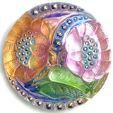 Lotus Flowers with Peach, Czech Glass Button by Susan Clarke, 1-1/16"  #SC-256-B