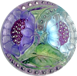 Lotus Flowers with Blue, Czech Glass Button by Susan Clarke, 1-1/16"  #SC-256-C