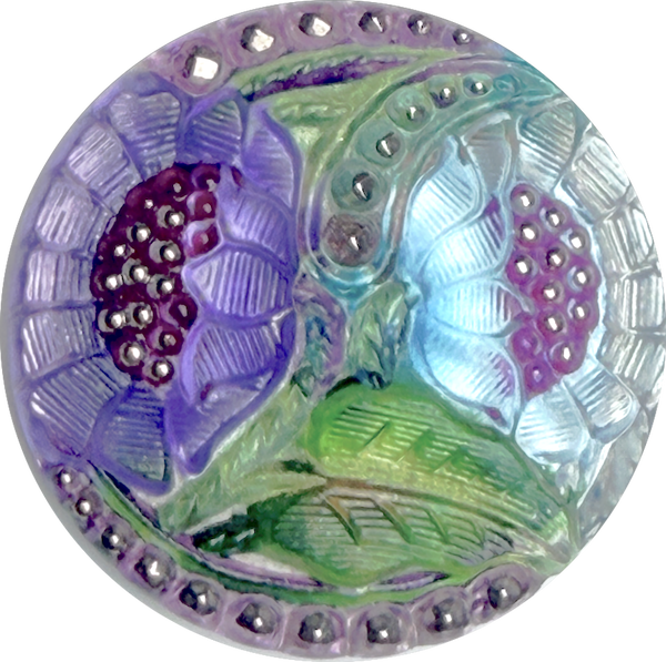 Lotus Flowers with Blue, Czech Glass Button by Susan Clarke, 1-1/16"  #SC-256-C